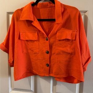 Cropped Button-Front Women's Shirt Jacket in Bright Orange